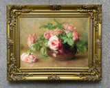 Fine Lithograph on Canvas - Pink & White Roses in a Bowl