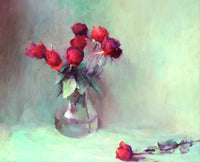 Beautiful Oleograph on Canvas Still Life of Red Roses in a  Glass Vase