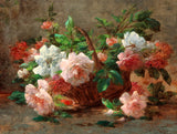 Exquisite Oleograph on Canvas Still Life of Pink Roses in an Basket