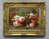 Exquisite Oleograph on Canvas Still Life of Pink Roses in an Basket