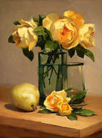 Exquisite Oleograph on Canvas Still Life of Roses and a Pear