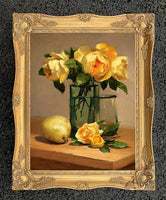 Exquisite Oleograph on Canvas Still Life of Roses and a Pear