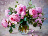 Stunning Still Life Oleograph on Canvas Still Life of Pink Roses in a  Glass Vase