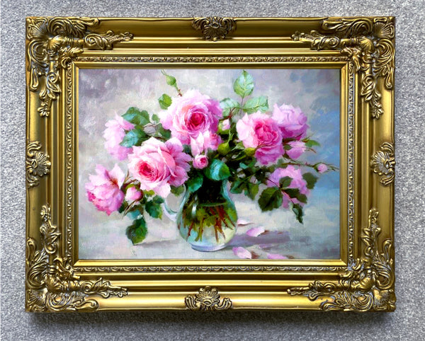 Stunning Still Life Oleograph on Canvas Still Life of Pink Roses in a  Glass Vase