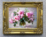 Fine Oleograph on Canvas - Still Life - Pink Roses in a Glass Vase