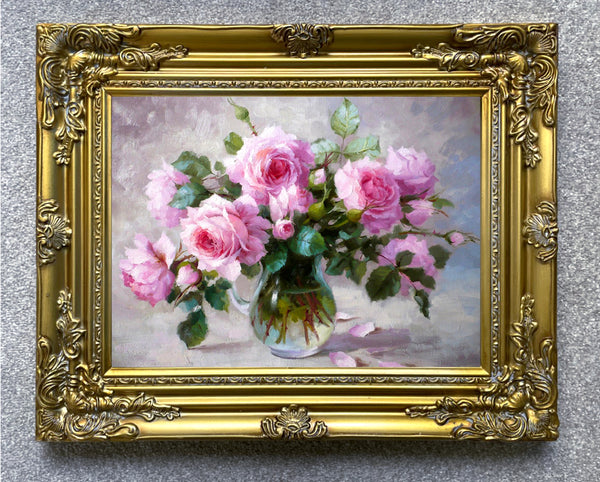 Fine Oleograph on Canvas - Still Life - Pink Roses in a Glass Vase