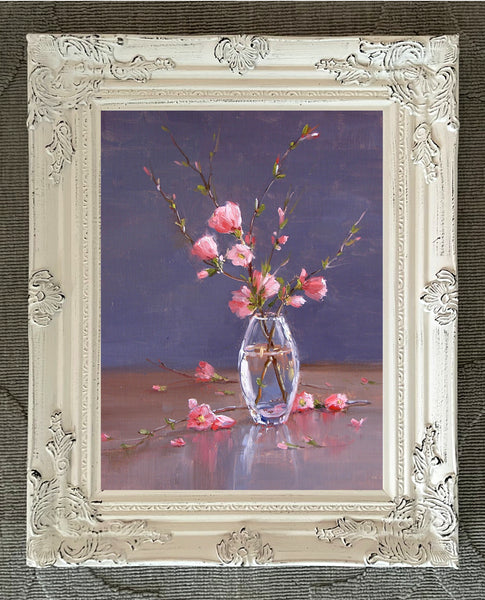 Stunning Still Life Oleograph on Canvas Still Life of Pink Flowers in a Glass Vase