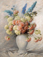 Exquisite Oleograph on Canvas Still Life of Flowers in a Grey Vase