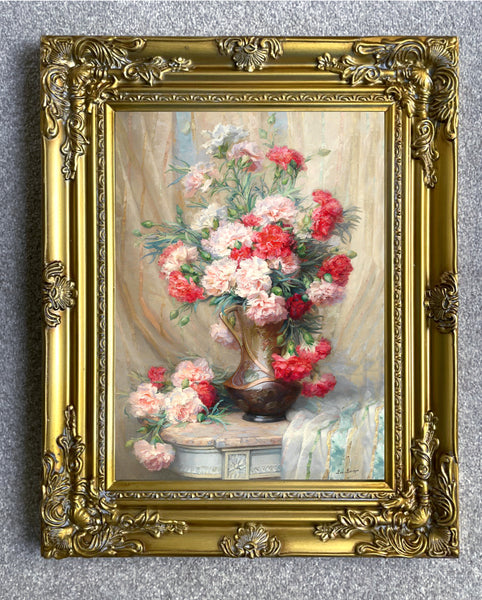 Exquisite Oleograph on Canvas - A Bouquet of Carnations in a Vase
