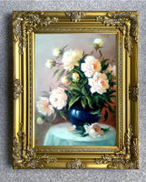 Fine Oleograph on Canvas Still Life of White Roses in a Blue Vase