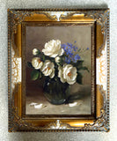 Stunning Still Life Oleograph on Canvas Still Life of White Roses