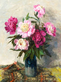 Stunning Still Life Oleograph on Canvas Still Life of Pink & Red Roses