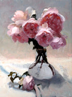 Beautiful Oleograph on Canvas Still Life of Pink Roses in a  Glass Vase