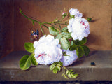 Exquisite Oleograph on Canvas - White Roses with a Butterfly