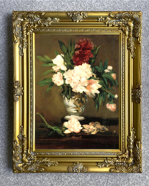 Fine Oleograph on Canvas Still Life of Peonies in a Vase