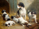 Gilt Framed Oleograph of Terriers in a Stable