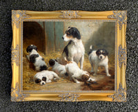 Gilt Framed Oleograph of Terriers in a Stable