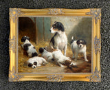 Gilt Framed Oleograph of Terriers in a Stable