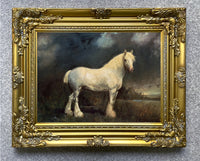 Fine Oleograph on Canvas - The White Shire Horse "Barrel" in a Landscape