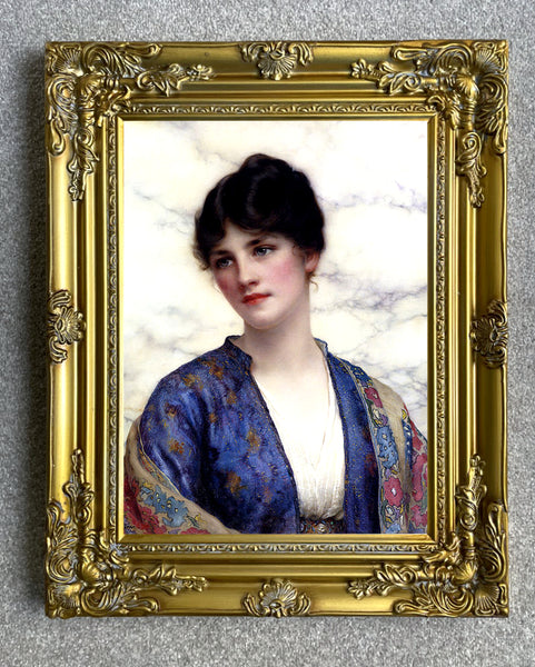 Large Gilt Framed Oleograph Portrait of a Woman in Blue