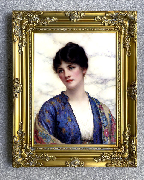 Large Gilt Framed Oleograph Portrait of an Edwardian Woman in Blue