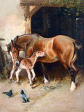 Oleograph on Canvas of a Mare & Foal in a Yard