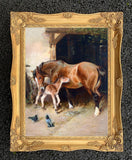 Oleograph on Canvas of a Mare & Foal in a Yard