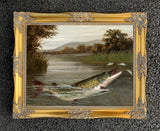 Fine Angling Oleograph on Canvas - "Pike Feeding"