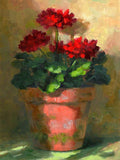 Exquisite Oleograph on Canvas Still Life of Geraniums in a Pot