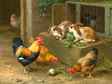 Fine Oleograph on Canvas of Chickens & Rabbits in a Stable Yard