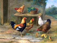 Fine Oleograph on Canvas of Chickens & Chicks in a Barnyard