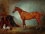 Fine Oleograph on Canvas - Chestnut Hunter in a Stall  with a Dog aft. Ferneley