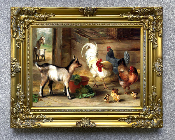 Gilt Framed Oleograph of Goats & Chickens