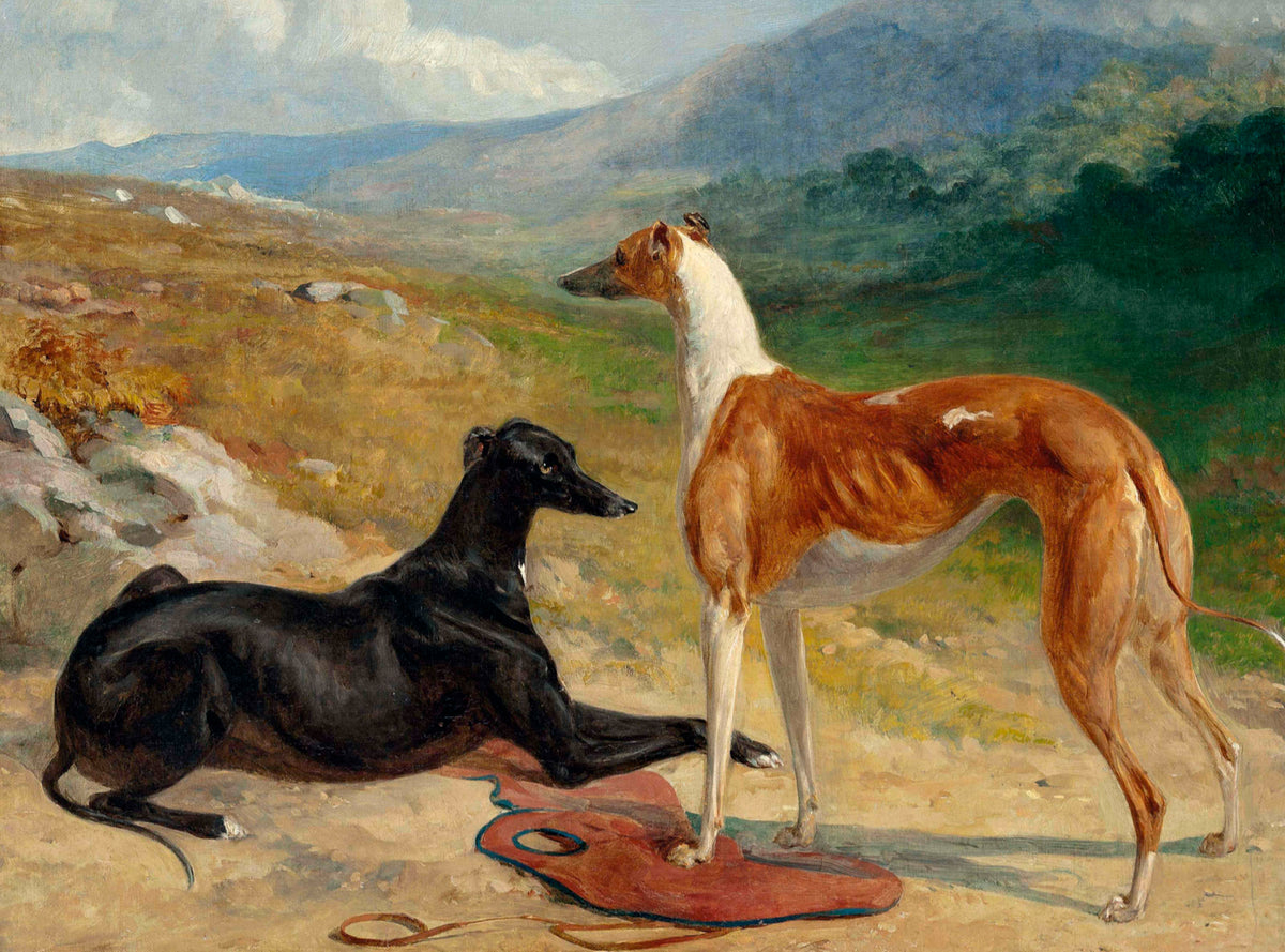 Gilt Framed Oleograph of an English Pointer of Greyhounds in a Landsca ...