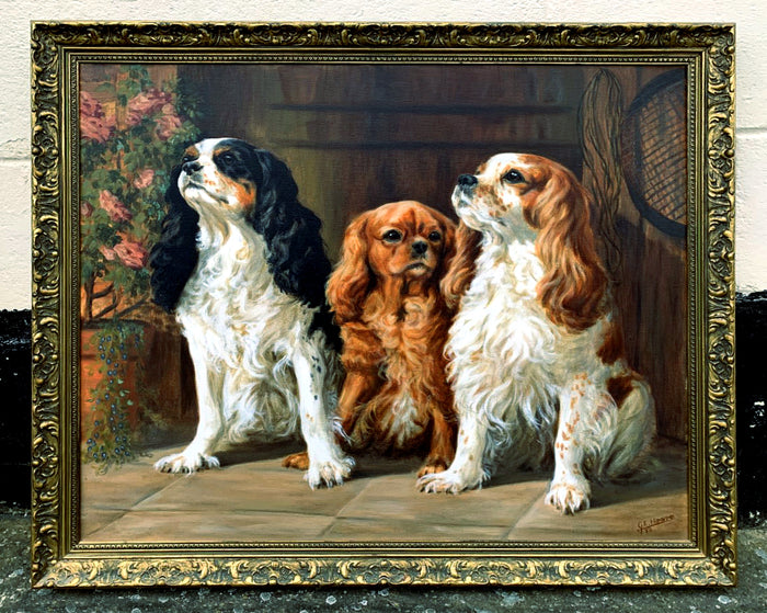 Fabulous large Mid C20th Oil on Canvas of a Trio of King Charles Cavalier Spaniels SOLD