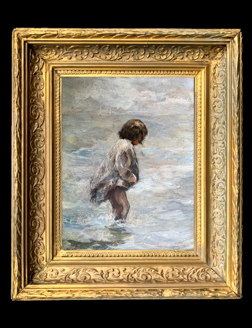 Fine Vintage Scottish School Oil on Board of a "Girl Paddling"  SOLD