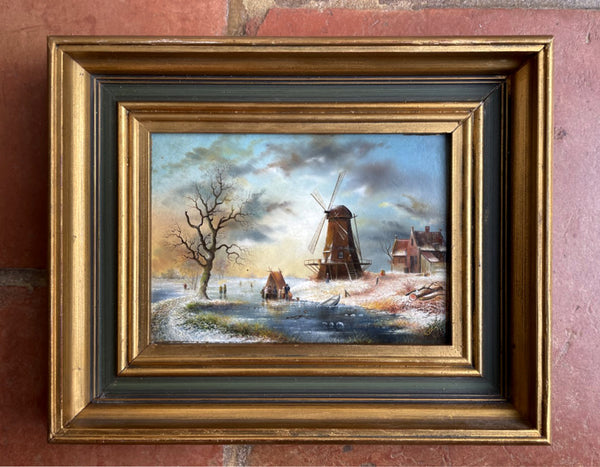 Exquisite Vintage Dutch School Oil on Artists Board - Figures on a Frozen Canal SOLD