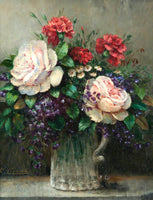 Stunning Still Life Oleograph on Canvas Still Life of White Roses in a Vase