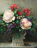 Stunning Still Life Oleograph on Canvas Still Life of White Roses in a Vase