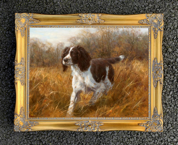 Gilt Framed Oleograph of  a Springer Spaniel in a Rural Landscape