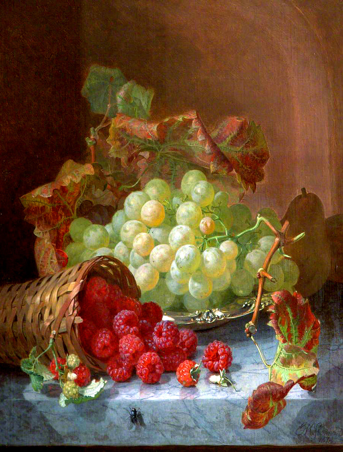 Fine Oleograph on Canvas Still Life of Mixed Fruit on a Marble Ledge