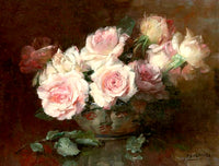 Beautiful Still Life Oleograph on Canvas Still Life of White & Pink Roses in a Bowl