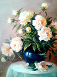 Fine Oleograph on Canvas Still Life of White Roses in a Blue Bowl