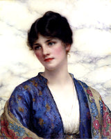 Large Gilt Framed Oleograph Portrait of an Edwardian Woman in Blue